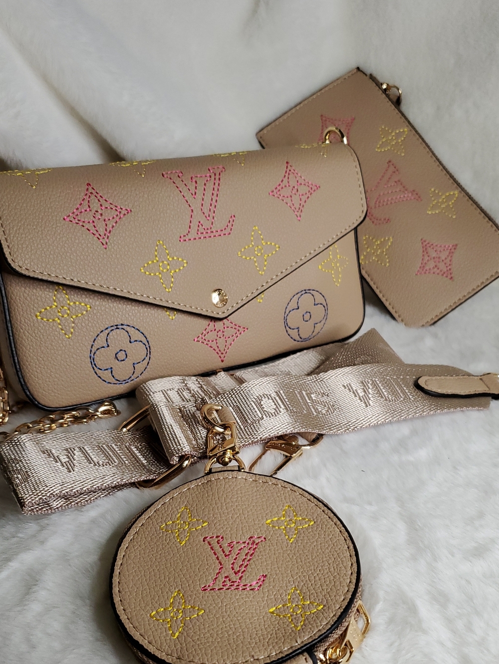 Beige Multicolor Monogram Crossbody Bag with Matching Accessories
